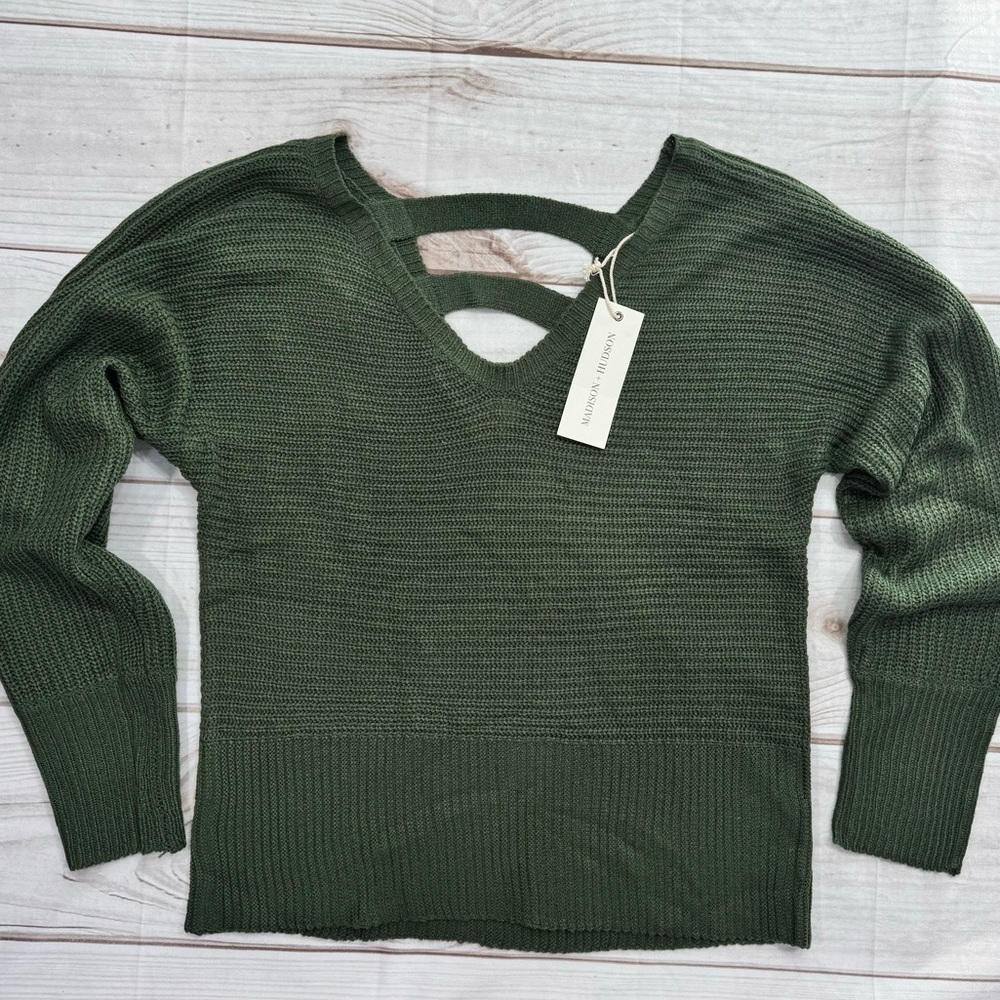 Madison + Hudson Sweater Olive Army Green V neck Strappy Back Cottagecore NEW